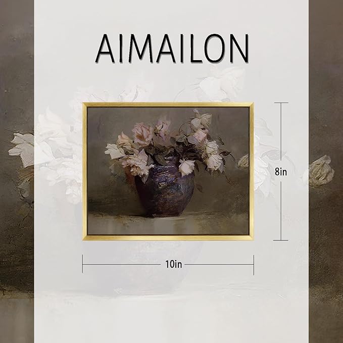 AIMAILON Vintage Gold Canvas Wall Art Framed Decor Classical Nature Theme for Living Room Office Home Decoration Pink Flower Botanical Aesthetic Picture Still Life Artwork Decor 8x10