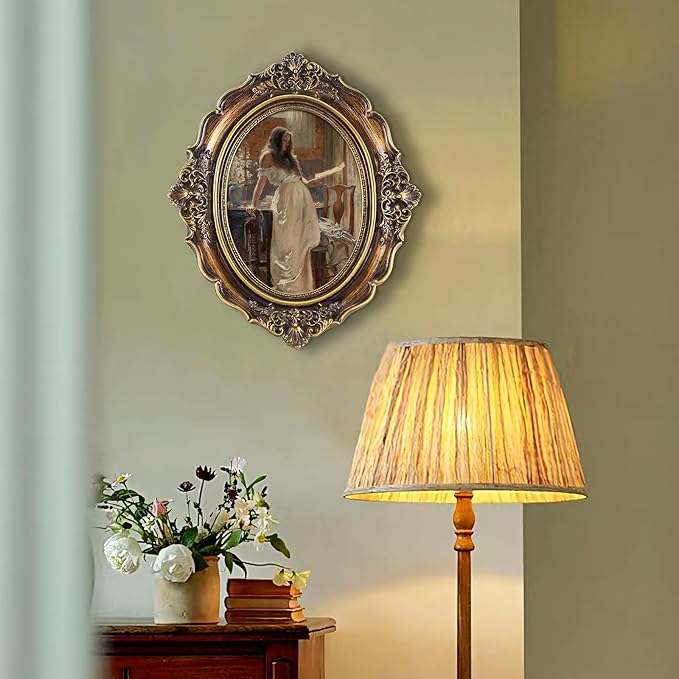 FOLKOR Vintage Wall Art Decor with Oval Picture Frame, Graceful Lady Portrait Framed Canvas Prints for Desk Wall Floating Shelf Decoration, Retro Paintings with Gold Frame for Mid-century Room, 5x7