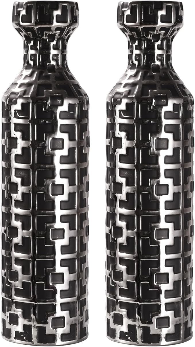 24.4 inch Tall Floor Vases Set of 2. Black Vase with Silver Geometric Patterns, Ceramics Modern Flower Vases for Living Room, Entryway, Indoor/Outdoor Decor, Large Vase for Home Decor
