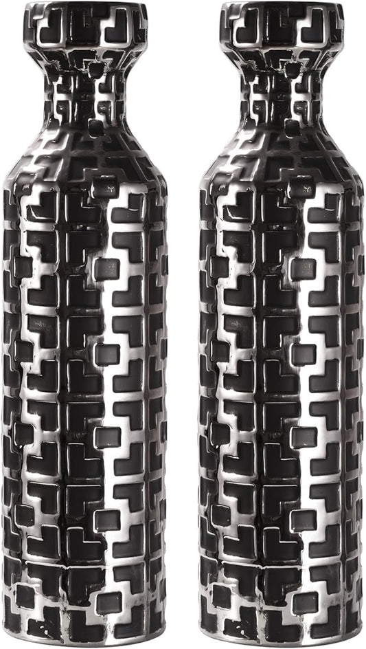 24.4 inch Tall Floor Vases Set of 2. Black Vase with Silver Geometric Patterns, Ceramics Modern Flower Vases for Living Room, Entryway, Indoor/Outdoor Decor, Large Vase for Home Decor