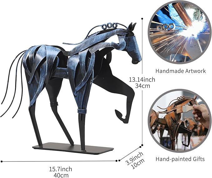 Handmade Horse Statue - Unique Rustic Decor for Office & Home - Hand-Painted Metal Sculpture - Perfect Handicraft Gift for Horse Lovers (Blue)