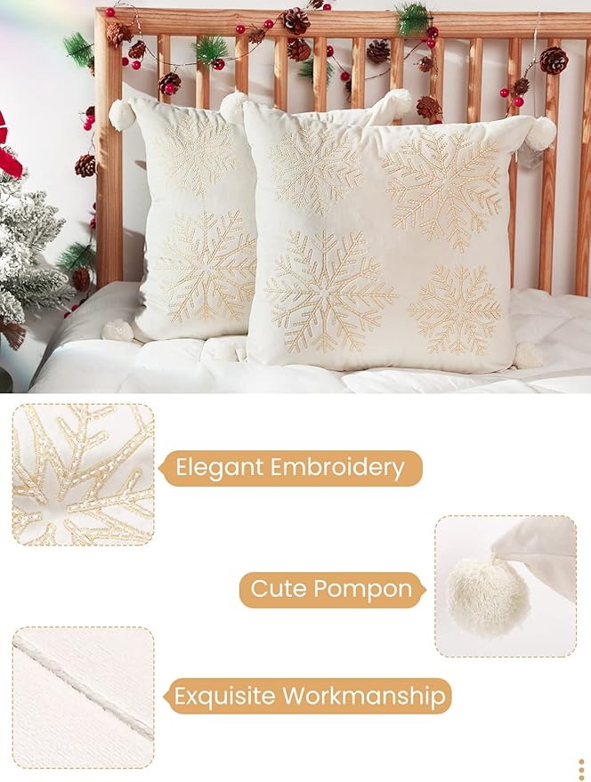 Lewondr Christmas Throw Pillow Covers, Snowflake Embroidery 20x20 Pillowcases Home Xmas Gold Decorative 2 Pack Cushion Covers Soft for Sofa Bed Chair, White&Yellow