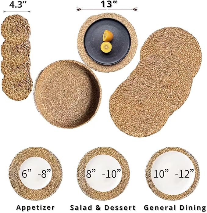 Art PineCone's Woven Cotton Rope Round Placemats Set of 4 with Holder Included, Non-Slip, and Heat Resistant Shabby Chic Placemats (Seagrass, 13 inch Plus Coaster)