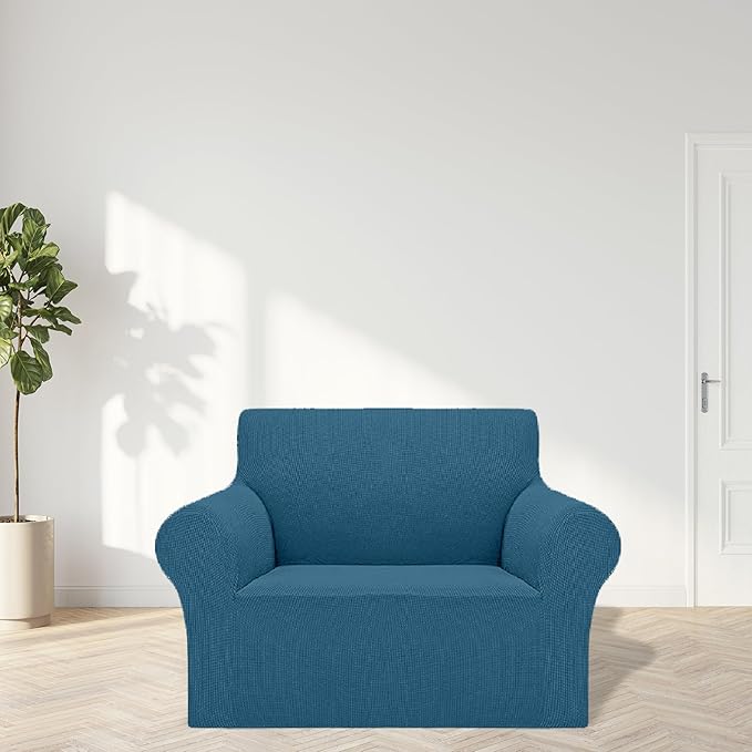 Cupuamon 2025 New Stretch Chair Sofa Slipcovers Couch Cover for 1 Seater Furniture Protector Sofa Covers with Elastic Bottom Jacquard Fabric Small Checks for Pets, Kids - Peacock Blue