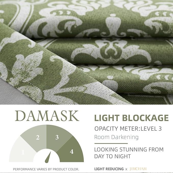 jinchan Room Darkening Curtains for Bedroom Sage Greene Damask Patterned Curtains 108 Inch Length for Living Room Linen Textured Vintage 9FT Long Drapes Window Treatments Grommet Top 2 Panels Set