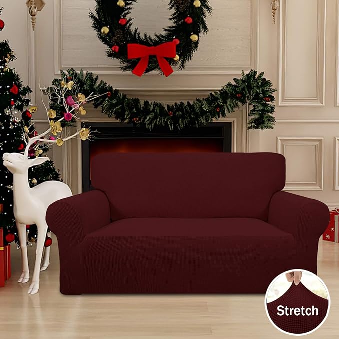 Easy-Going Stretch Loveseat Slipcover 1-Piece Sofa Cover Furniture Protector Couch Soft with Elastic Bottom for Kids Polyester Spandex Jacquard Fabric Small Checks (Loveseat, Wine)