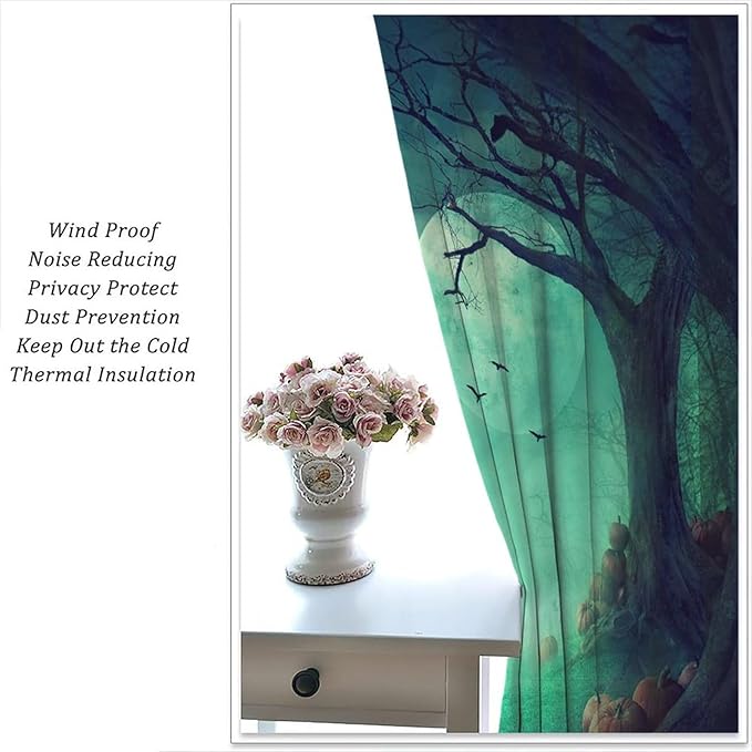 Gothic Mushroom Blackout Window Curtains, Misty Dark Black Forest Moon Halloween Window Drapes, for Living Room Bedroom 36(W)*63(L) 2 Panels