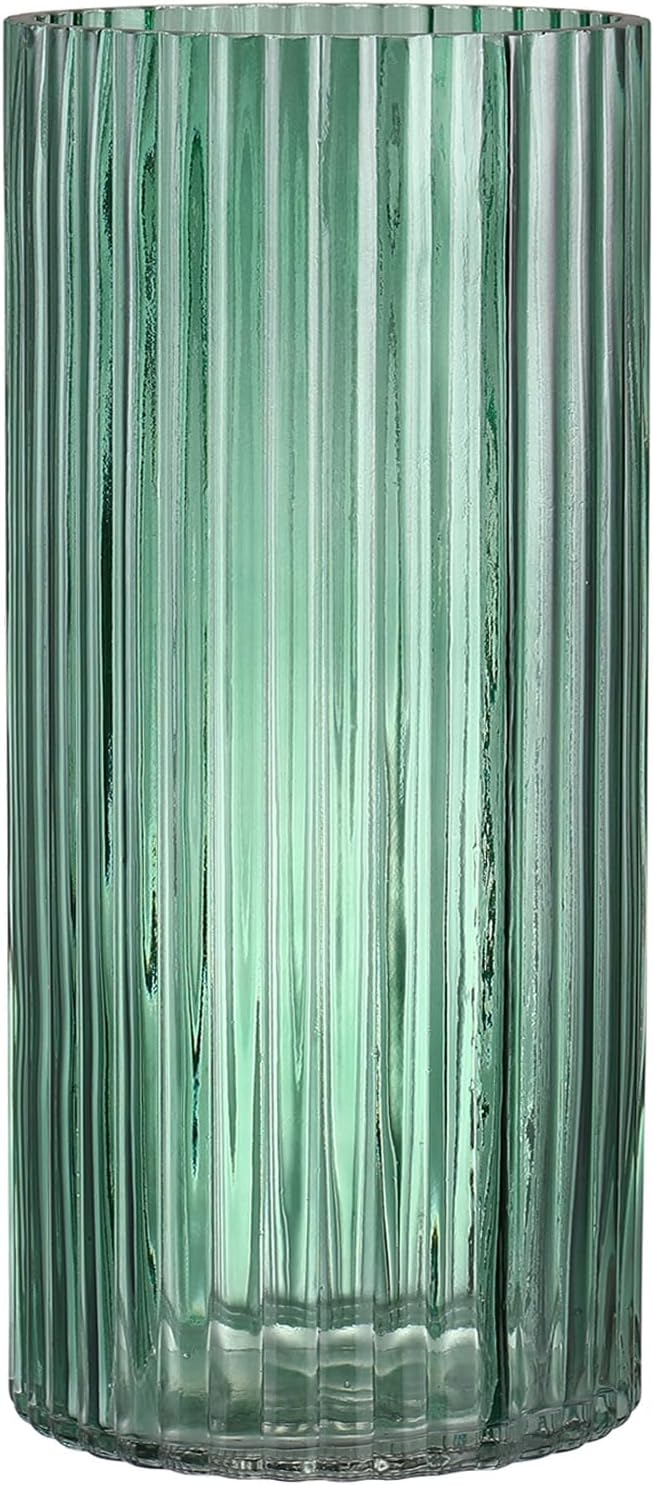 Green Glass Vase, Glass Flower Vase, Ribbed Glass Vase, Green Vase, Tall Cylinder Glass Vases for Centerpieces, Living Room, Bedroom, Dining Table, Office, Wedding, Bookshelf, 10 Inches
