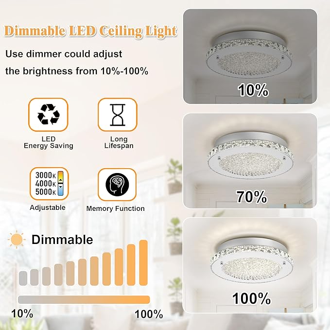 Crystal Ceiling Light Fixture 3000/4000/5000K Flush Mount Crystal Chandelier Modern Dimmable LED Kitchen Light Fixture for Bathroom Hallway Porch Laundry Room Cloakroom Office 11"
