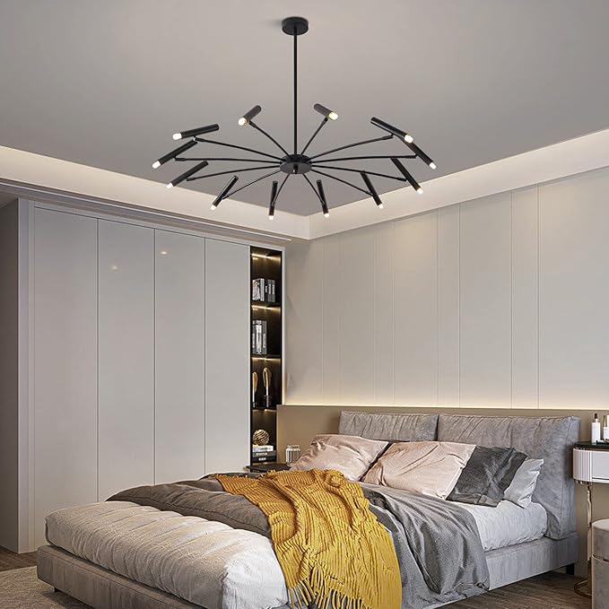KCO Lighting Modern Black Sputnik Chandelier Mid Century Vintage 12-Lights Semi Flush Mount Chandelier Ceiling Light Industrial Satellite Starburst Chandelier Pendant Light (12-Light)