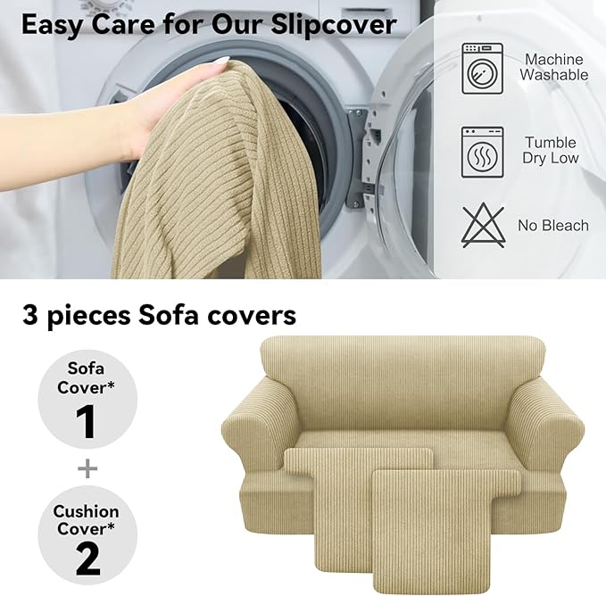 Waterproof Loveseat Cover 3-Piece Set Striped Slipcover for 2 Separate T Cushion Couch - TPU Fabric 2-Seater Sofa Covers Leakproof Couch Protector for Kids, Pets(Loveseat, Camel)