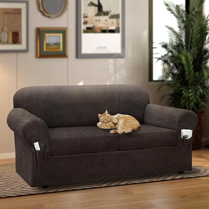 Sofa Slipcover with Armrest Pockets 3-Piece Set, Stretch Faux Leather Couch Cover for 2-Cushion Couches(Fits 72-92") - Non-Slip, Machine Washable, Pet & Kid Friendly - Light Brown
