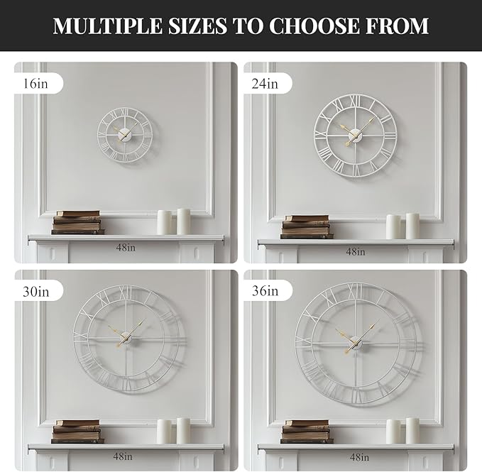 Silver Wall Clock for Living Room Decor, 24 Inch Large Metal Wall Clock Modern Luxury Roman Numeral Analog Battery-Operated Round Decorative Clocks for Bedroom, Kitchen, Office