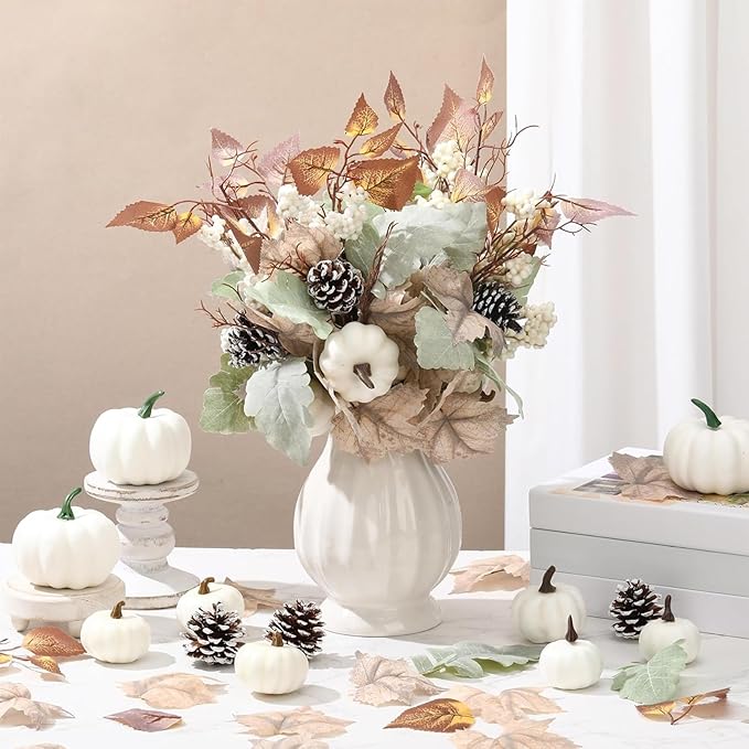 6 Pcs Thanksgiving Centerpiece for Table Thanksgiving Picks and Sprays Artificial Neutral Maple Leaves Branches 14 Inches Fall Fake Pumpkin for Harvest Decoration