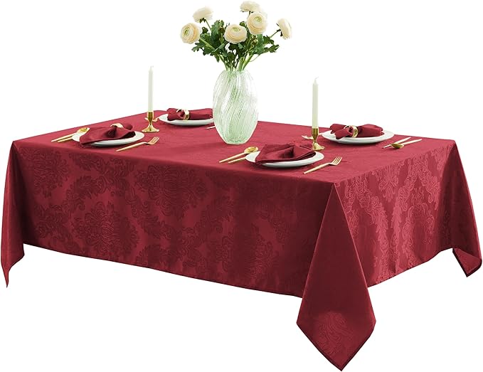 Newbridge Barcelona Damask Fabric Tablecloth, 60 x 120 Inch Rectangle, Burgundy – No Iron, Soil Resistant Table Cover for Dining, Parties and Holidays