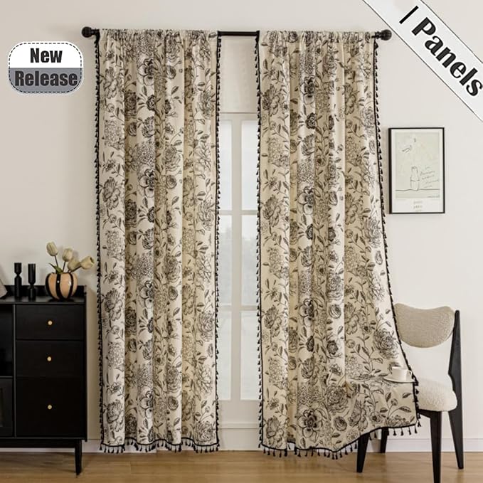 F-CHU Bohemian Curtains for Bedroom 63 Inch Length French Country Floral Drapes Farmhouse Rustic Window Curtain Panels for Bedroom Chic Cotton Linen Blend Toile Curtain，1 Panel