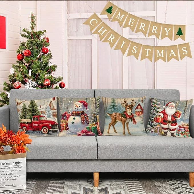 Neatee Living Christmas Pillow Covers 18x18 Set of 4 Farmhouse Xmas Vintage Throw Pillows Christmas Tree Deer Snowman Pillow Cases Outdoor Sofa Couch Cushion Covers for Home Decorations (18 by 18)