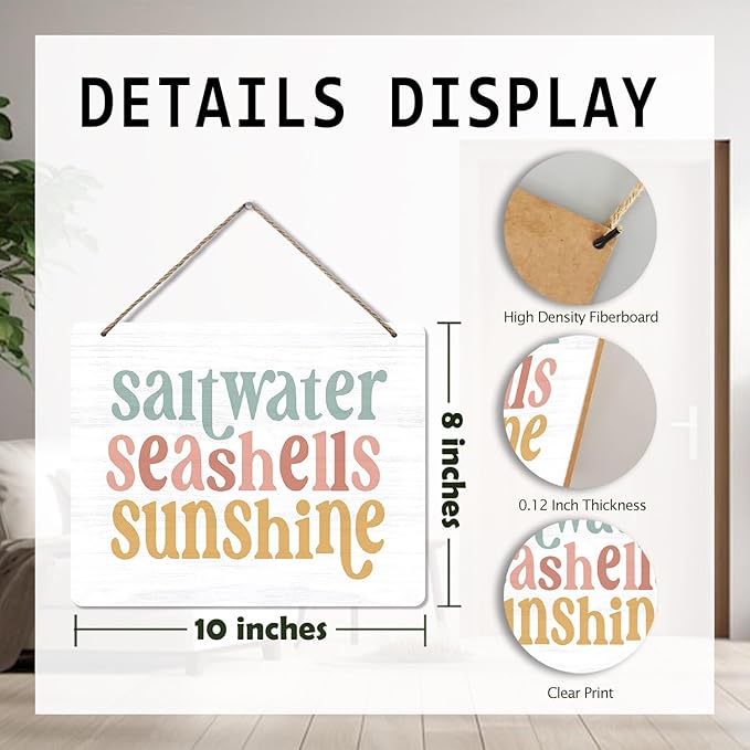 Udinaz Summer Coastal Beach Hanging Sign, Coastal Summer Beachy Wall Decor, Saltwater Seashells Sunshine Hanging Wood Plaque Decor for Home Room Bedroom Beach House Wall Door Decorations