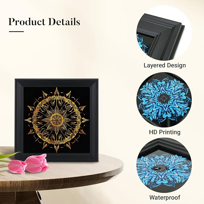 Brivoria Mandala Wall Art Home Decor, Large Radiant Golden Mandala with Layered Frame Design, Modern Spiritual Statement Wall Decor for Living Room Office Entryway or Meditation Space, 20x20
