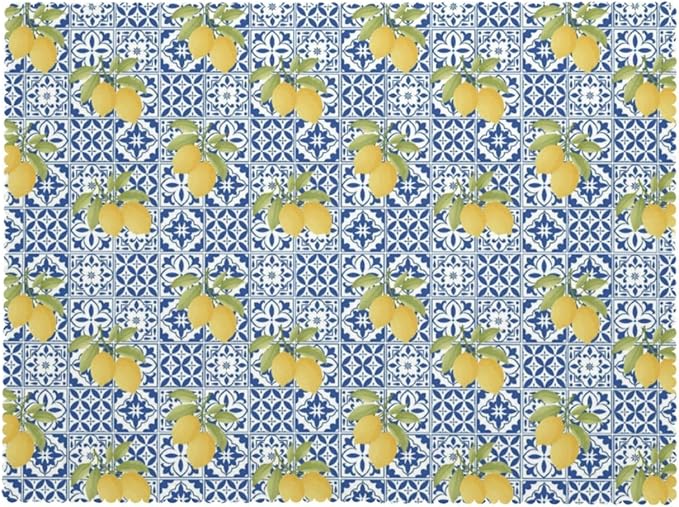 Blue Tiles Lemons Table Cloth for Dining Tables, Reusable Mexican Patchwork Tile Tablecloths Decoration Kitchen Summer Fruit Yellow Rectangle Table Cover for Holiday,Party,Picnic, 54x72Inch