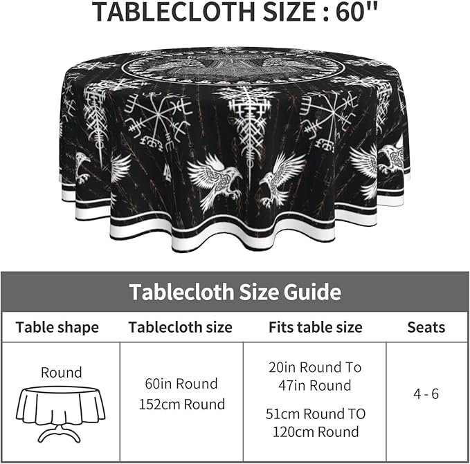 Norse Viking Tablecloth, Nordic Mythology Crow Helmet of Awe Ancient Mythical Viking Raven Print Water Resisitant Table Cover for Dining Kitchen Living Room Home Party Holiday Decor 60 inch Round