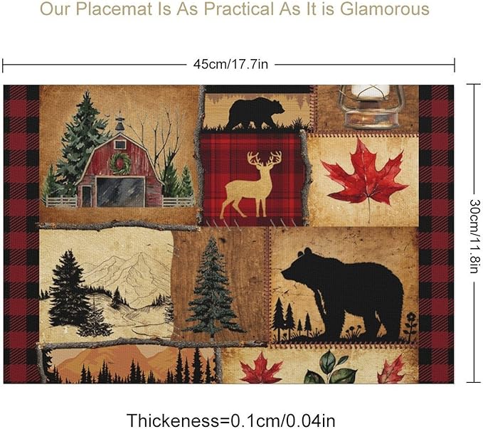 Retro Bear Placemat Set of 6, 12x18 Inch Rustic Farmhosue Green Buffalo Plaid Wildlife Paw Print Forest Tree Cabin Country Lodge Coffee Table Mats for Outdoor Kitchen Dining Table Decoration