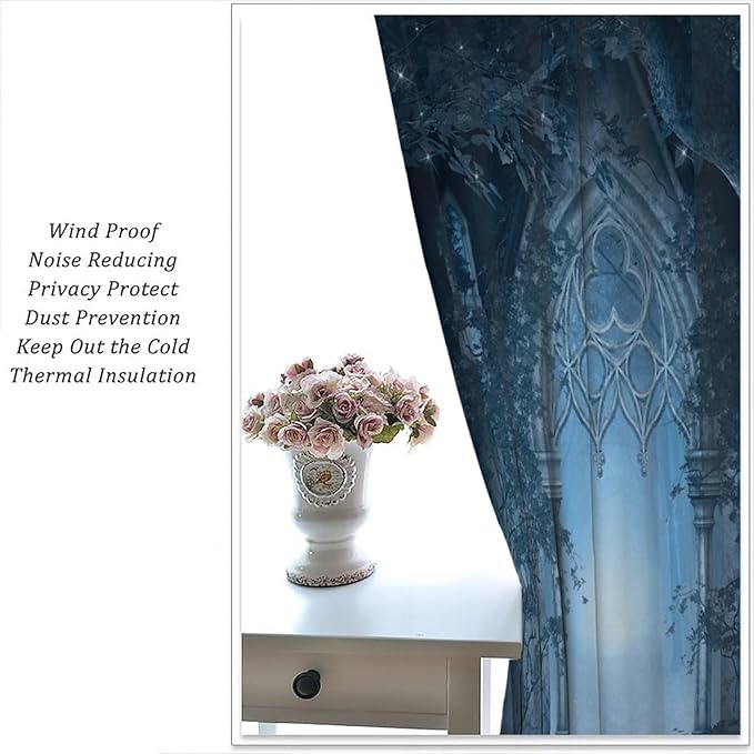 Gothic Mid Century Blackout Curtains, Vintage Medieval Castle Night Magic Forest Tree Misty Landscape Window Drapes, for Living Room Bedroom 21(W)*45(L) 2 Panels