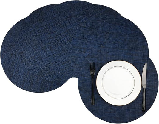 WAZAIGUR Round Placemats Set of 6 Woven Vinyl Easy to Clean Heat Resistant Kitchen Table Mats 15 Inch(Navy Blue 6)