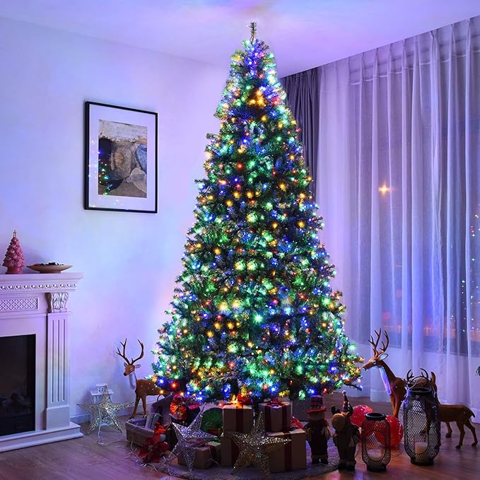 COSTWAY 9 FT Pre-lit Christmas Tree, Artificial Xmas Tree with 1000 Warm White & Multicolored Lights, 11 Modes, 2944 Branch Tips, Metal Support, Holiday Decoration Fake Tree for Home, Office, Party