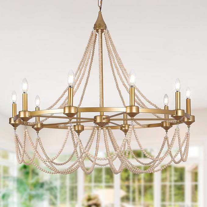 COCOSTAR Large Beaded Dining Room Chandelier,36" French Country Gold Chandeliers,Adjustable Height Modern Bohemia Pendant Light for Villa Hotel -E12 Candle Wagon Wheel Design