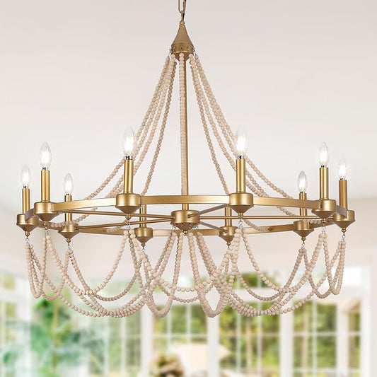 COCOSTAR Large Beaded Dining Room Chandelier,36" French Country Gold Chandeliers,Adjustable Height Modern Bohemia Pendant Light for Villa Hotel -E12 Candle Wagon Wheel Design