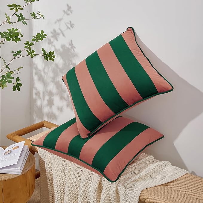 MONDAY MOOSE Decorative Throw Pillow Covers Cushion Cases, Set of 2 Soft Velvet Striped Piping Edge Designs, Pillow Inserts Not Included (Pink/Green, 16x16 inch)