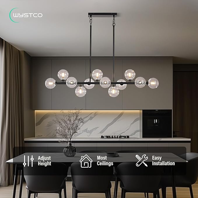 50 Inch Large Sputnik Globe Chandelier, 12-Light Mid Century Modern Light Fixture Over Table, Black Linear Chandeliers for Dining Room Kitchen Island Living (Clear Glass Bubble Shades)