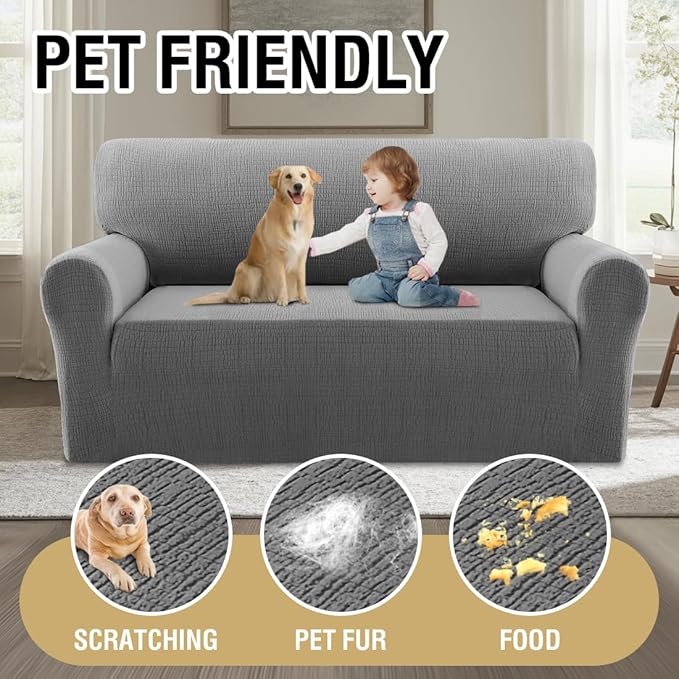H.VERSAILTEX Jacquard Sofa Slipcover with Waterproof Seat Furniture Protector 1 Piece Stretch Sofa Covers with Elastic Bottom for Kids, Pets, Dog(Loveseat, Grey)