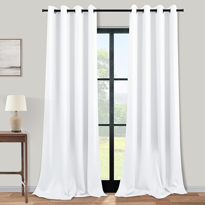 White Curtains 108 Inches Long for Living Room 2 Panels Set 60 Percent Blackout Thermal Insulated Energy Efficient Light Blocking Room Darkening Big Extra Wide 104 Inch Curtains for Bedroom Window