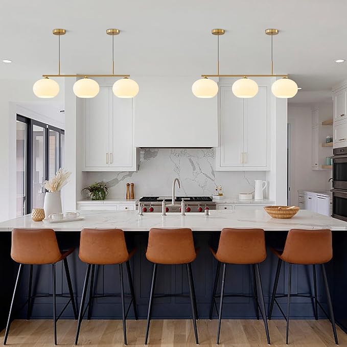 KCO Lighting 3 Light Linear Pendant Lighting Milk Glass Flush Mount Ceiling Light Brass Gold Chandelier Light Fixture Modern Globe Linear Chandelier Dining Room Dining Room Over Table