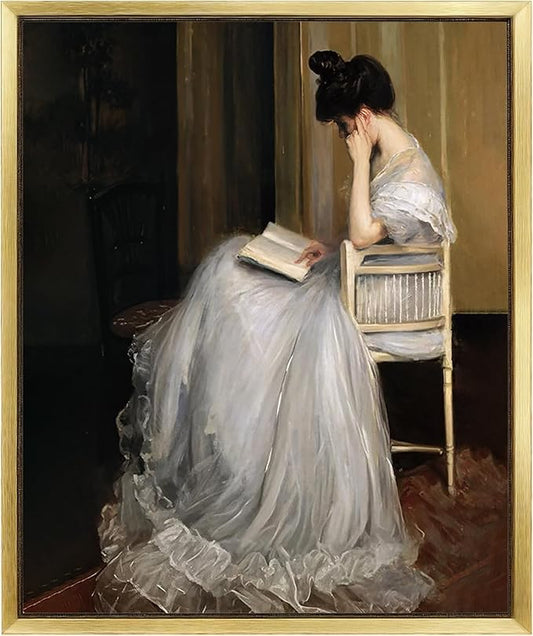 AIMAILON Vintage Gold Canvas Wall Art Framed Decor for Living Room School Elegant Reading Girl in White Dress Portrait Classical Aesthetic Artwork Home Decoration 10x12