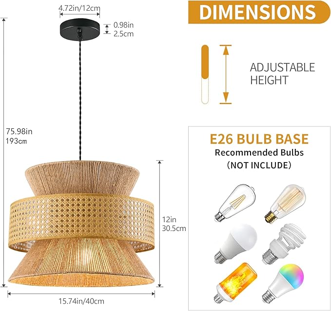 Rattan Pendant Light Fixture,Ceiling Bohemian Chandelier Rattan Flush Mount Hanging Light Fixture Woven Lamp Basket Chandelier for Kitchen Island Hallway Bedroom Dinning