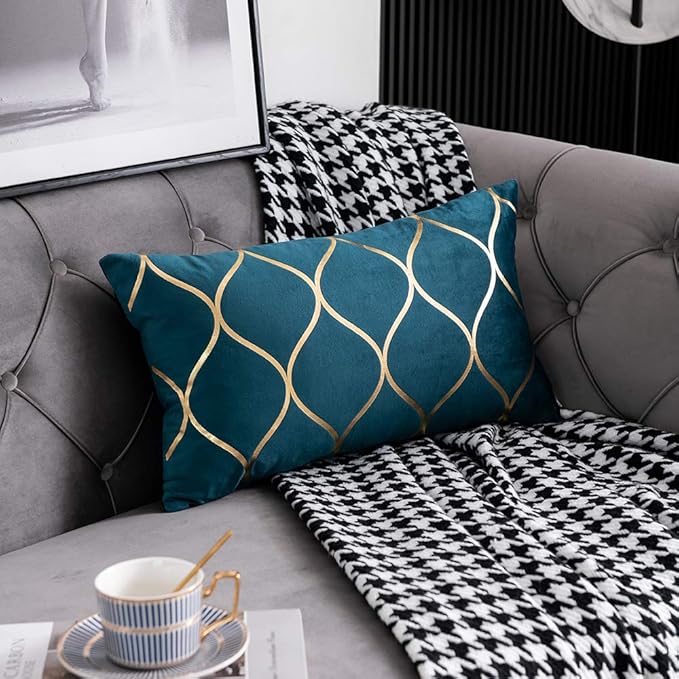 12x20 Inch Gold Velvet Throw Pillow Covers: 2 Pack Rectangular Decorative Pillow Cases for Bedroom Sofa Couch Living Room, Teal Christmas