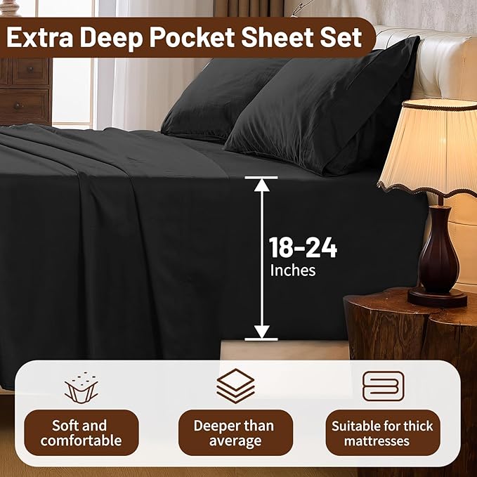 MEISHANG Extra Deep Pocket Cotton Sheets Queen Size - 100% Egyptian Cotton 1000 Thread Count - Fits 18"-24" in Deep Mattress,Oeko-Tex Certified, Soft & Breathable - 4 Piece (Queen, Black)