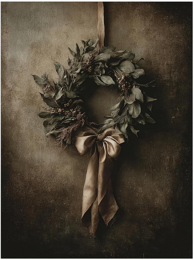 Christmas Wreath Still Life Print,Antique Holiday Wall Art,Rustic Winter Decor,Neutral Olive Green Painting,Moody Farmhouse Print