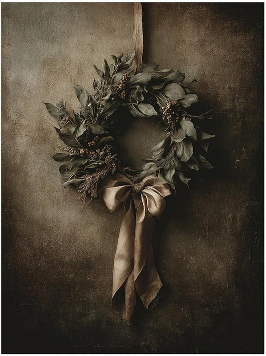 Christmas Wreath Still Life Print,Antique Holiday Wall Art,Rustic Winter Decor,Neutral Olive Green Painting,Moody Farmhouse Print
