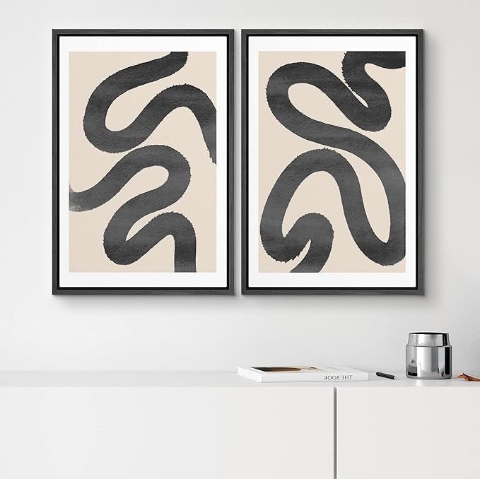 SIGNWIN Framed Wall Art Print Set Black Squiggly Lines Over Tan Background Abstract Swirly Digital Art Modern Art Mid-Century Modern Expressive for Living Room, Bedroom, Office - 16"x24"x2 Black