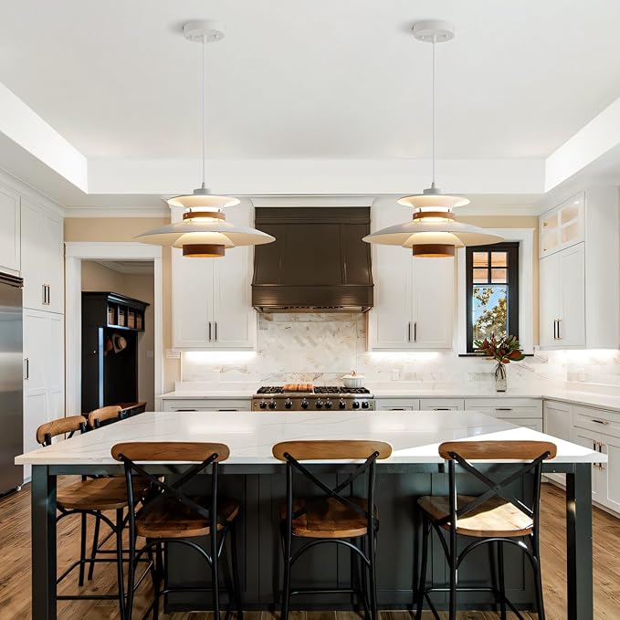 Modern Decor Adjustable Pendant Lamp Kitchen Island, Aluminum and Wood Finish,1-Light E26 Base Ceiling Hanging Light for Dining Room Shop Restaurant (White+Dark Wood Grain, 40cm)