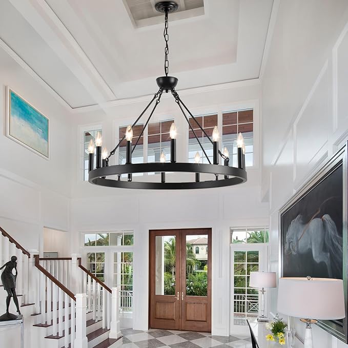 Wagon Wheel Chandelier 32" 12-Light, Round Black Chandeliers Farmhouse Modern Wagon Wheel Light Fixtures, for High Ceiling Dining Living Room, Foyer, Entryway