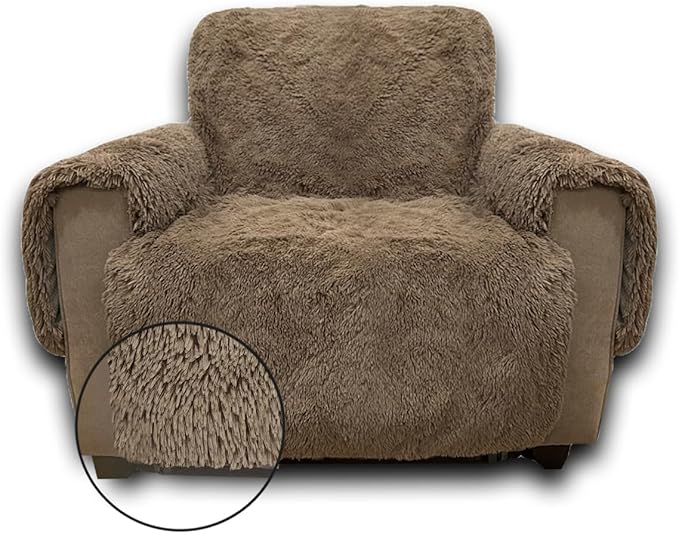 Plush and Fuzzy Shaggy Couch Cover, Dog Pad Faux Fur Sofa Cover, Water Resistant Slipcover, Non-Slip Furniture Protector for Kids,Dogs,Cats.(Brown, Small Chair)