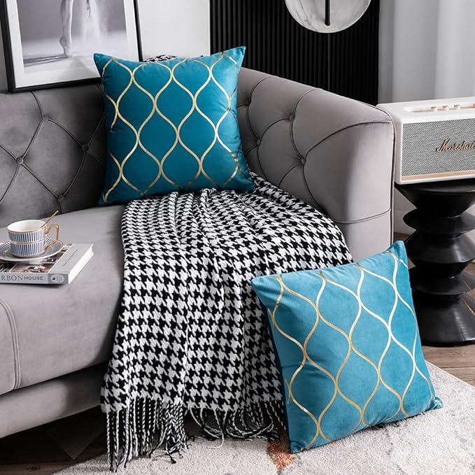 22x22 Inch Gold Velvet Throw Pillow Covers: 2 Pack Square Decorative Pillow Cases for Bedroom Sofa Couch Living Room, Turquoise