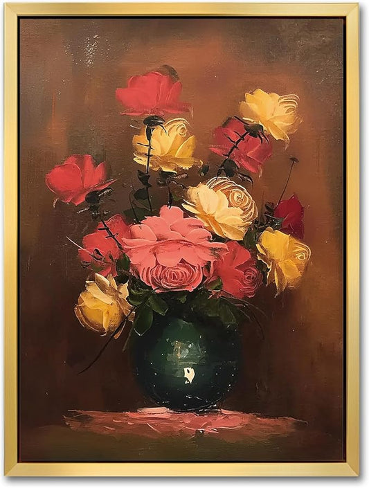 AIMAILON Vintage Gold Canvas Flower Wall Art, Aethestic Still of Life Wall Picture Decor, Artwrok for Walls Living Room Home Room Bedroom Decorations 12x16