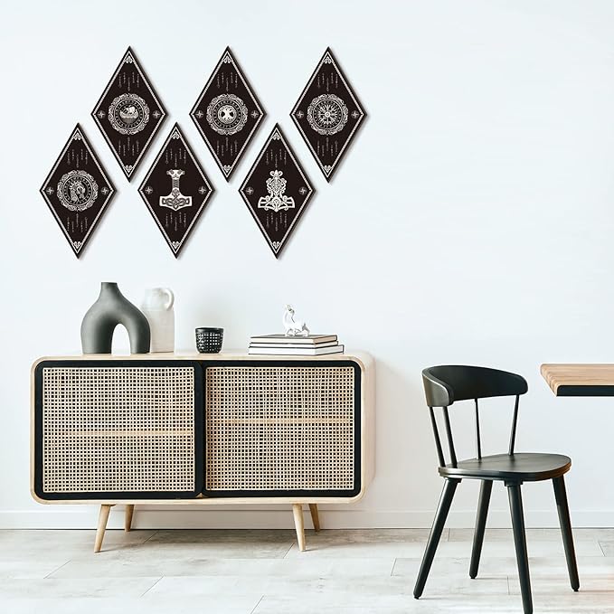 Nuenen 6 Pcs Nordic Vikings Wood Sign Celtic Drakkar Rune Wall Decor Scandinavian Vikings Boat Hanging Wooden Signs Mediaeval Wall Plaque for Christmas Home Kitchen Mythology Runes Artwork Pagan Gifts