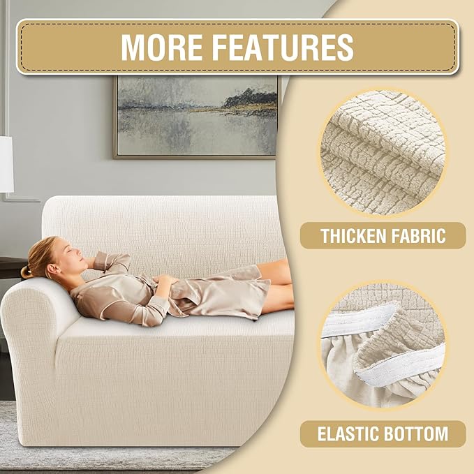 H.VERSAILTEX Jacquard Sofa Slipcover with Waterproof Seat Furniture Protector 1 Piece Stretch Sofa Covers with Elastic Bottom for Kids, Pets, Dog(Loveseat, Ivory)
